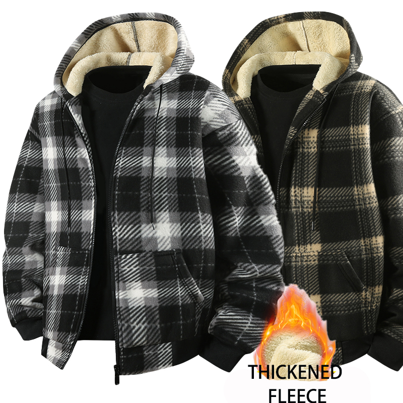 Winter Clothing Pk - เสื้อแจ็คเก็ตเชิ้ตลายสก็อตมีฮู้ดบุผ้าฟลีซสำหรับผู้ชายแฟชั่นใหม่